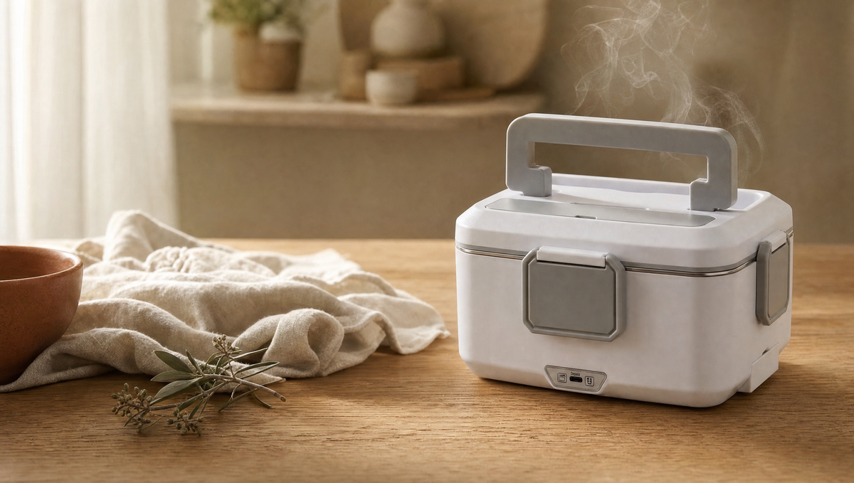 Lonchera eléctrica WarmGo sobre una mesa de madera con vapor de comida caliente