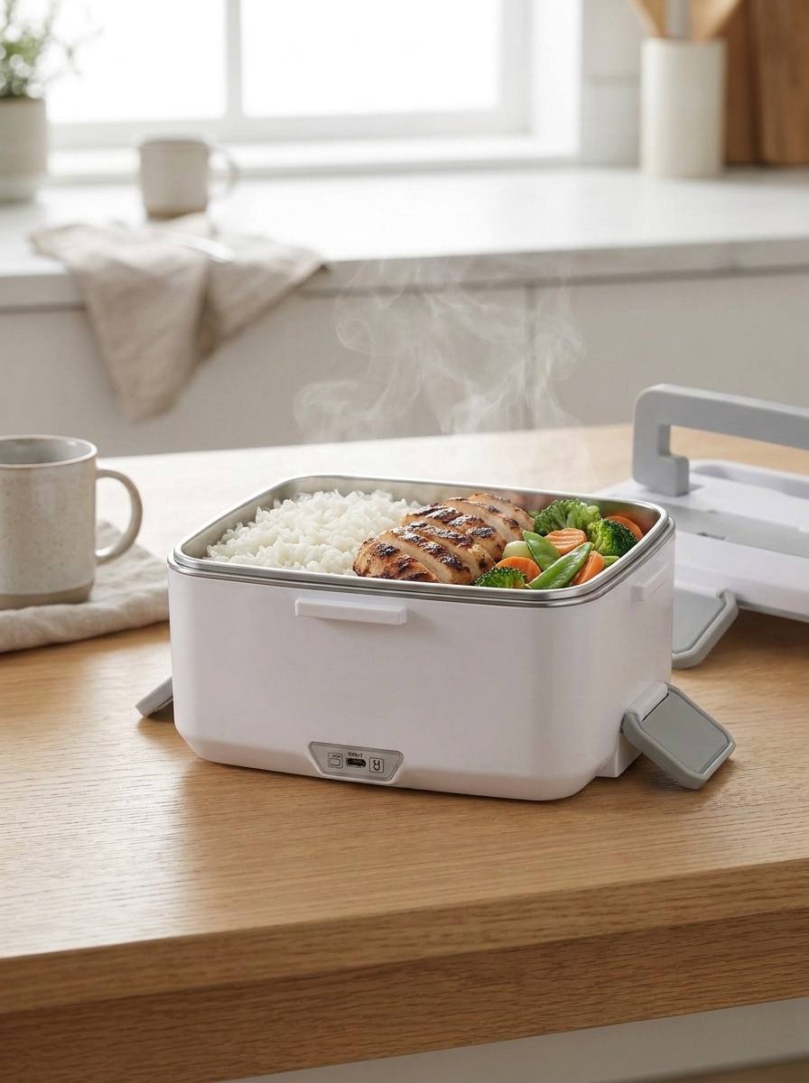 Lonchera eléctrica NOMADA abierta con arroz, pollo y verduras, humeante
